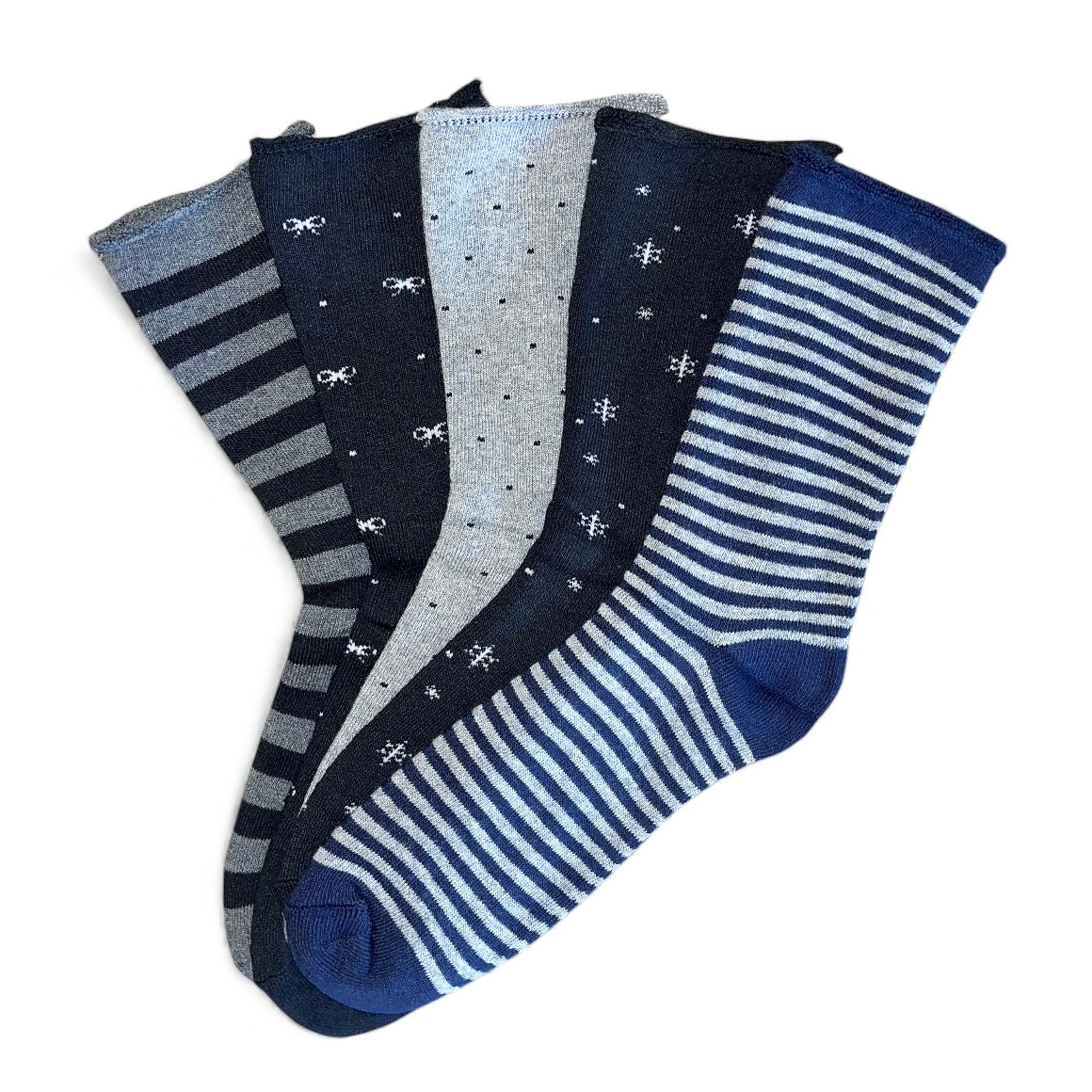 5 pár vastag termo női zokni gumi nélkül, sötét, különféle minták 5821