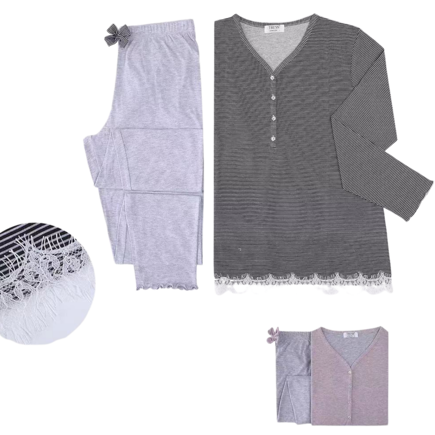 Női hosszú pizsama Tress, csíkos, PG227255, szürke