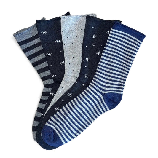 5 pár vastag termo női zokni gumi nélkül, sötét, különféle minták 5821