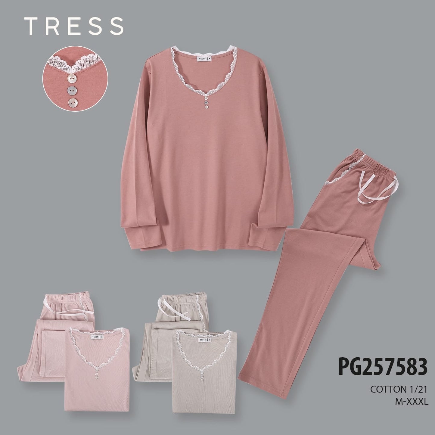 Női hosszú pizsama, Tress 7583 egyszínű csipkével