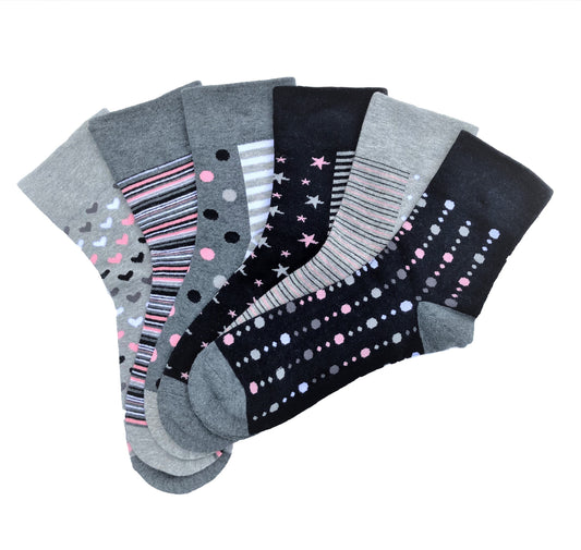 6 pár női guminélküli zokni különböző mintákkal 5580.2, szürkés fekete
