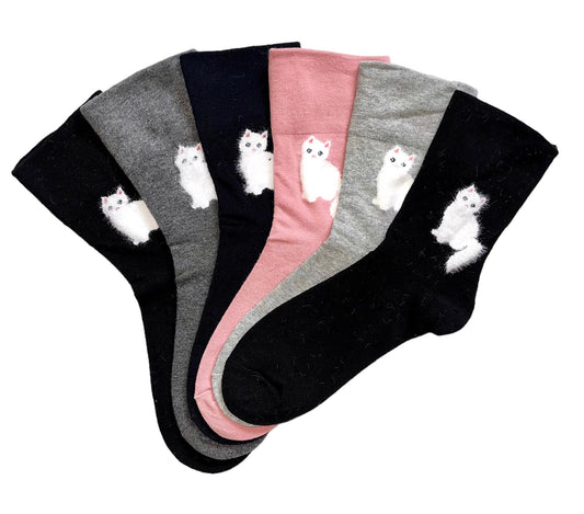 6 pár női guminélküli zokni, egyszínű, fehér macska 5703