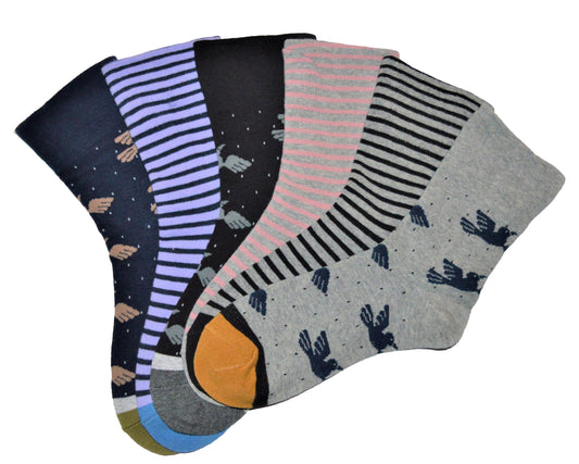 6 pár női guminélküli zokni; csíkok, pöttyök, madarak 5628